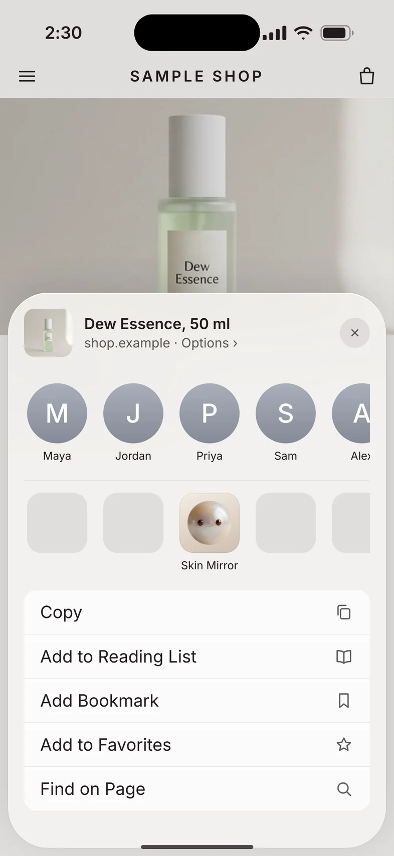 Planned feature. A shop page’s share sheet, with Skin Mirror in the app row.